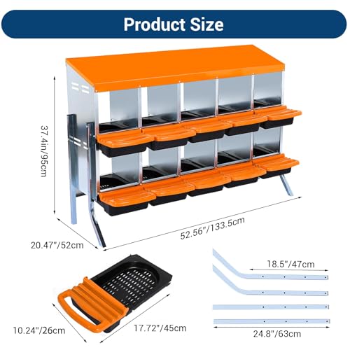 Chicken Nesting Box, 10 Hole 2 Layer Hen Nest Box with Legs, Roll Away Eggs Laying Boxes,Cleanable Pull Out Hen Roosting Boxes