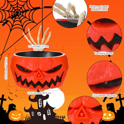 Chalyna Halloween Candy Bowl, Animated Pumpkin Candy Holder with Motion Activated Hand LED Red Eyes and Sound Spooky Decoration for Halloween Trick or Treaters Party Table Decor
