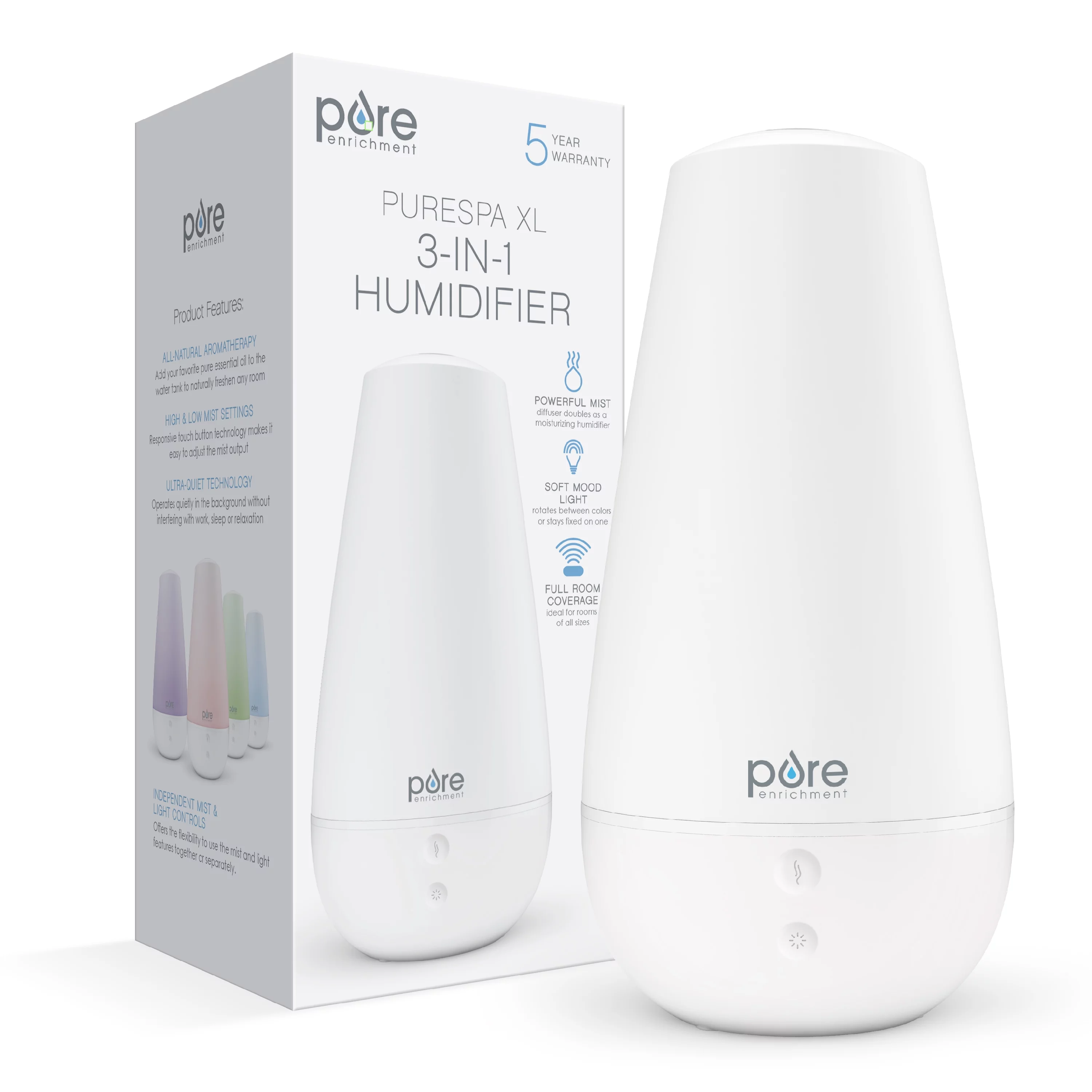 Pure Enrichment PureSpa XL 3-in-1 Cool Mist Humidifier, Essential Oil Diffuser & Mood Light - 2L Tank Provides Powerful Mist Coverage up to 350 sq ft in Bedroom, Office & Large Rooms