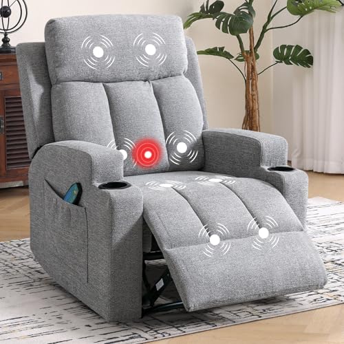 Phoenix Home Manual Recliner Chair with Massage and Heat Ergonomic Overstuffed Breathable Fabric Reclining Chair with 2 Side Pockets, 2 Cup Holders, Remote Control, Living Room, Bedroom, Gray