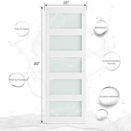 SmartStandard 36 x 84 in Glass Barn Door with 6.6FT Sliding Hardware Kit & Handle, Pre-Drilled Ready to Assemble, Waterproof PVC Coating, White, 5-Panel Glass