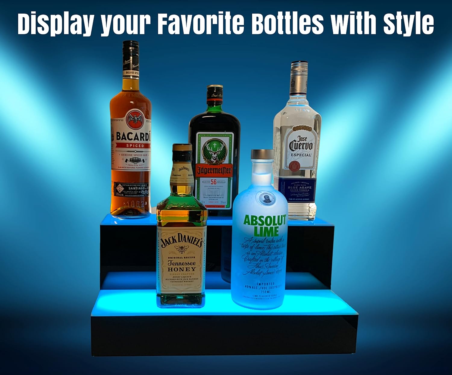 Liquor Bottle Display LED Shelf - 2 Step Multicolor Lighted Bar Stand 16 inch