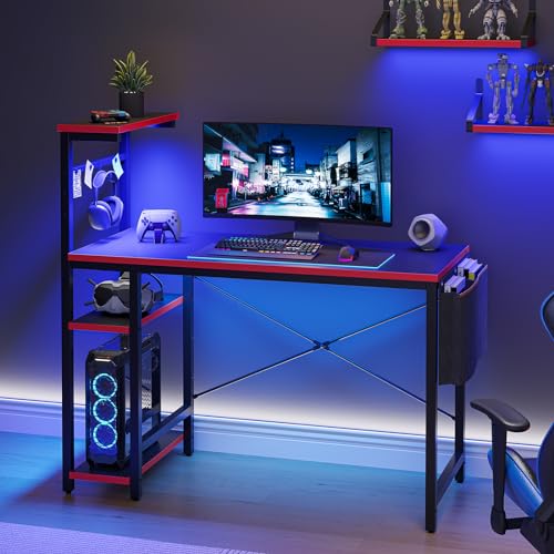 Bestier Gaming Desk with LED Lights, 51.3 Inch Computer Desk with 4 Tiers Reversible Shelves, Gamer Desk with Side Storage Bag, Hooks and Height Adjustable Shelf (Black Carbon Fiber)