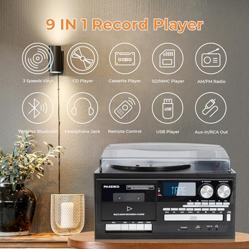 Vintage Record Player 9-in-1 Turntable with Built-in Speakers, AM/FM Radio, CD & Cassette Player, Bluetooth USB/SD Playback, Remote Control, Aux & RCA Inputs, Headphone Jack for Music Fans