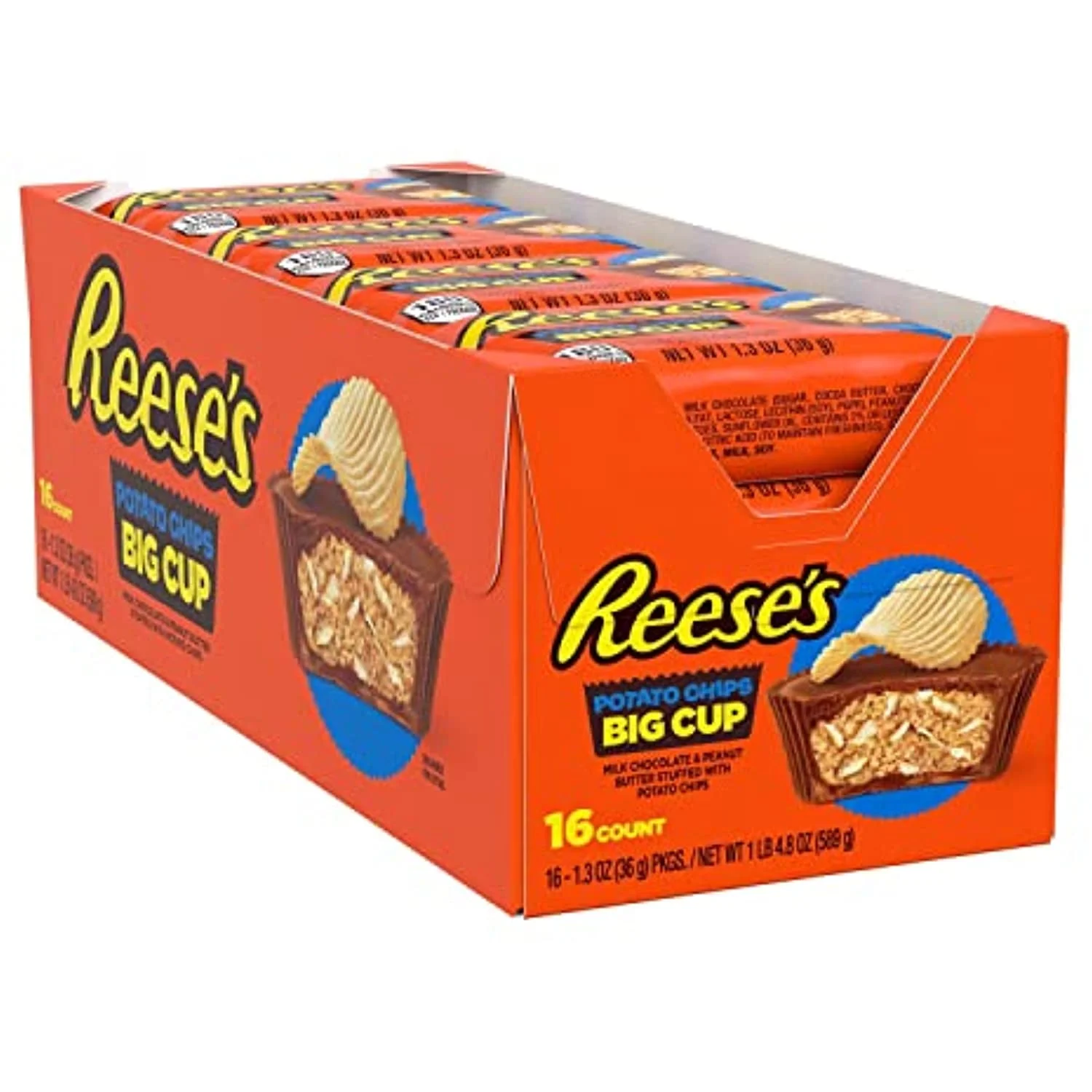 Reeses Big Cup Milk Chocolate Peanut Butter With Potato Chips Cups Candy, Gluten Free And Bulk, 1.3 Oz Packs (16 Count)