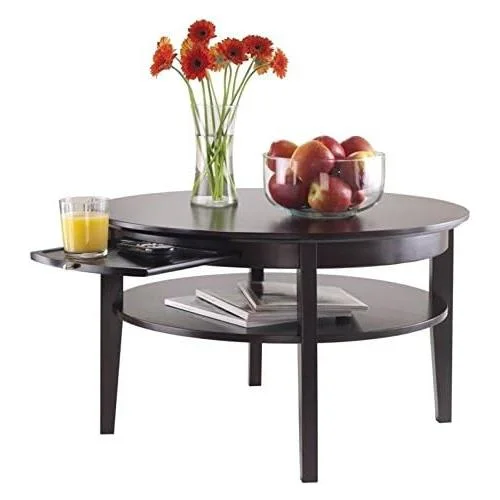 Round Coffee Table With Pull Out Tray In Dark Espresso