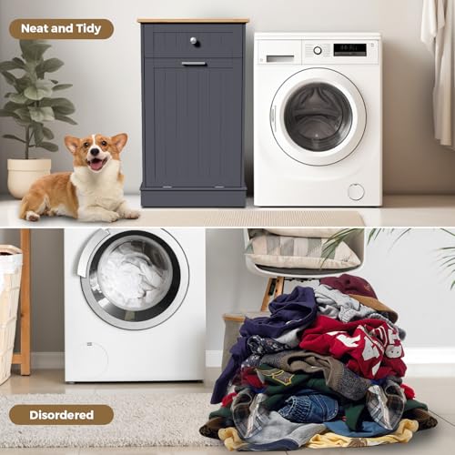 Tilt Out Trash Cabinet Kitchen Trash Can Holder Recycling Cabinet Laundry Hamper with Hideaway Drawer Wooden Bamboo Cutting Board with Added Countertop Space Keep Pets Out (White)