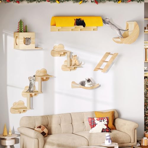 Cat Wall Shelves and Perches, Solid Wood Wall Mounted Cat Furniture, Set of 13 Cat Climbing Shelves with Moon Hammock, House, Wall Ladder, Scratching Post and Cat Tunnel