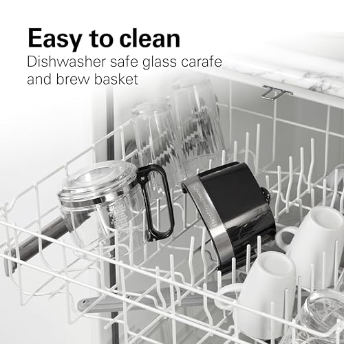 Hamilton Beach 5 Cup Drip Coffee Maker with Easy FrontFill Basket, Compact Design, Programmable Clock, Glass Carafe, Auto Pause and Pour, Black & Stainless Steel (46111)