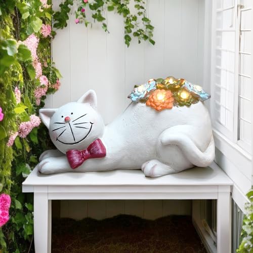 Cat Statue Garden Outdoor Decor with Solar Light Outside Cat Figurine Resin Waterproof for Yard Lawn Decorations (Gray)