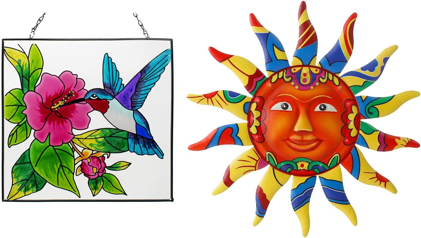 VEWOGARDEN Hummingbird Stained Glass Window Hangings, Suncatcher with Metal Chain + 12.7 Inches Metal Sun Wall Art Decor Hanging for Indoor Outdoor