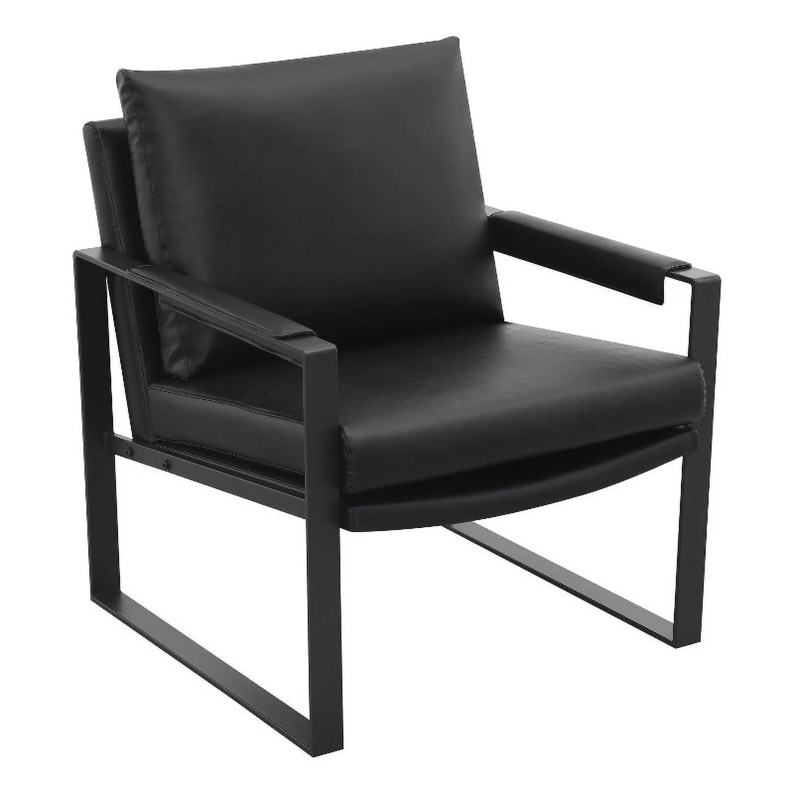 Pemberly Row Upholstered Faux Leather Accent Chair with Track Arms in Black
