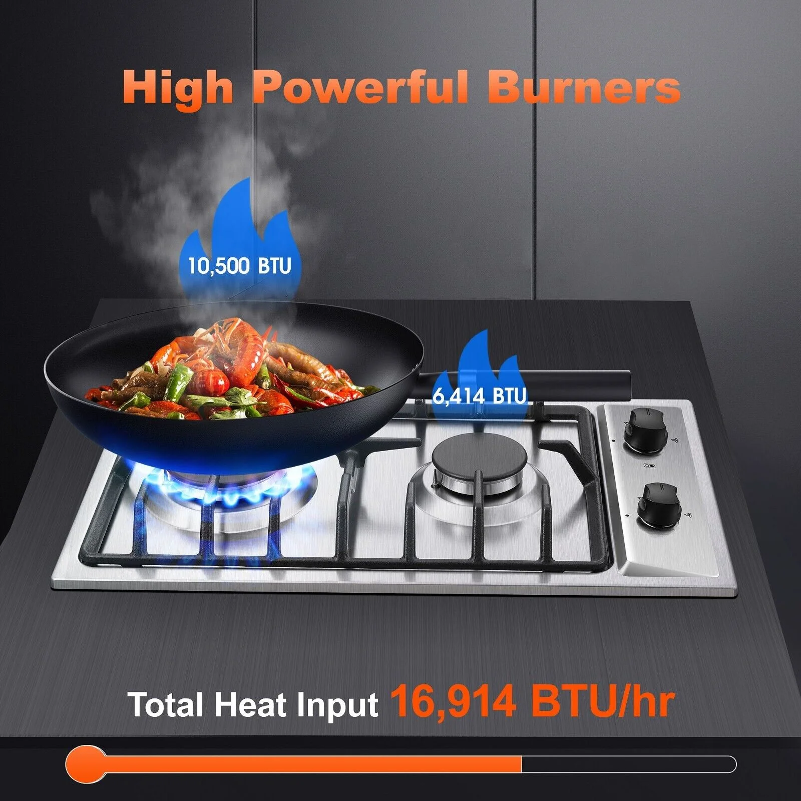 2-Burners Gas Cooktop 12 inch Stainless Steel Kitchen Gas Hob NG/LPG Convertible Built-In Integrated