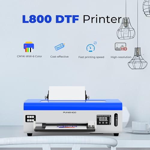 PUNEHOD DTF Printer A4 L800 with Roll Feeder, DTF Transfer Printer Machine with White Ink Circulatory for DIY Print Dark and Light Fabrics (A4 L800+DTF Ink+Powder+Roll Film)