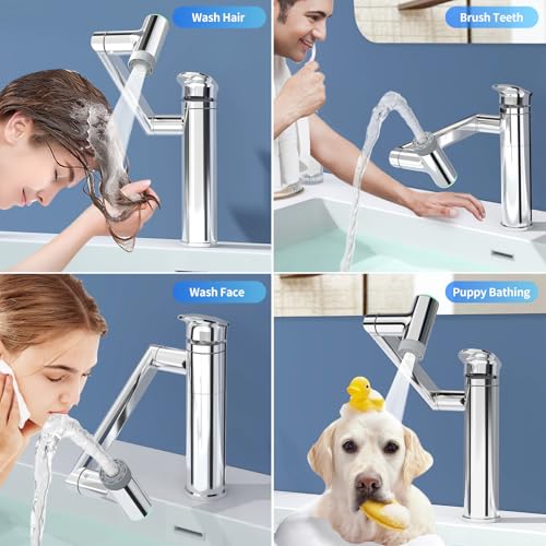 SINGSUO 1080°Rotatable Bathroom Vanity Faucet 1 Hole, Height Adjustable Single Handle Sink Faucet Bathroom with 2 Water Outlet Modes, Bar Sink Tap Single Hole with Temperature Display (Black)