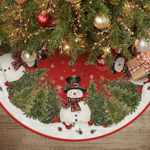 AVOIN colorlife Cardinals Cedar Snowman with Scarf Christmas Tree Skirt, Xmas Winter Holiday Party Tree Mat Indoor Outdoor Decoration 36 Inch