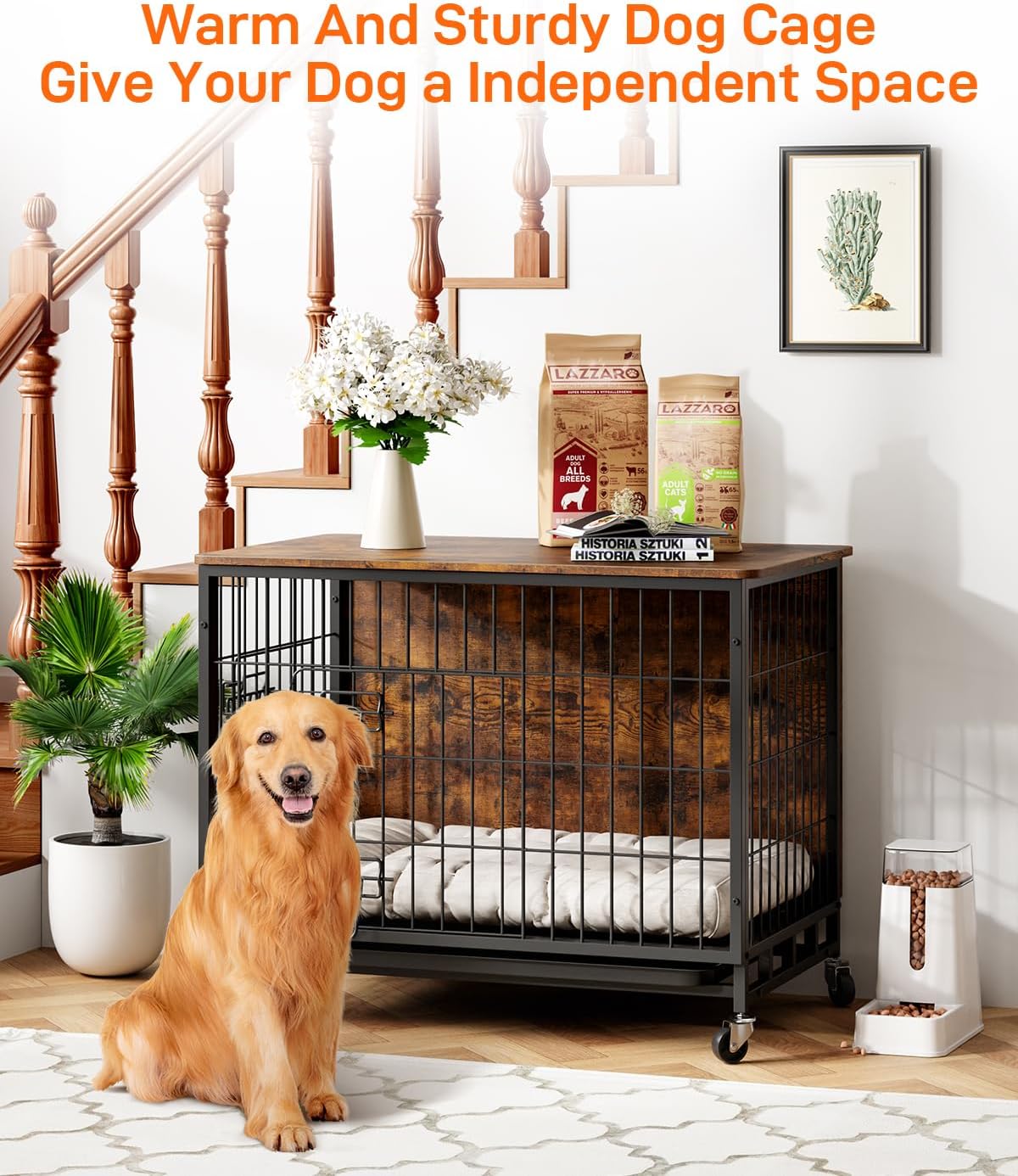 Dog Crate Furniture, 2024 New Furniture Style Dog Crate with Removable Tray and Wheels, Heavy-Duty Double-Doors Dog Cage End Table, 32.5