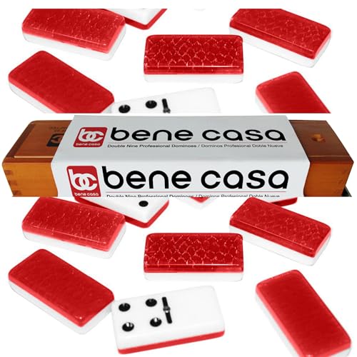Bene Casa Red Double Nine High Gloss Dominoes Set - includes 55 Dominoes - Comes in a Natural Wooden Storage Box with Walnut Finish.