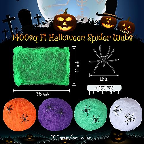 Lenwen 4 Colors Halloween Spider Webs with 150 Fake Spiders Halloween Party Indoor and Outdoor Decorations Colored Stretch Cobwebs for Halloween Party Decorations Bar House (1400 Sqft)