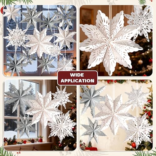OuMuaMua 18Pcs Christmas Paper Snowflake Lanterns, 3D Christmas Paper Star Lanterns with LED Lights, 10/12 Inch White Hanging Snowflake Lamps for Xmas Winter Frozen Weddings New Year Party Decorations