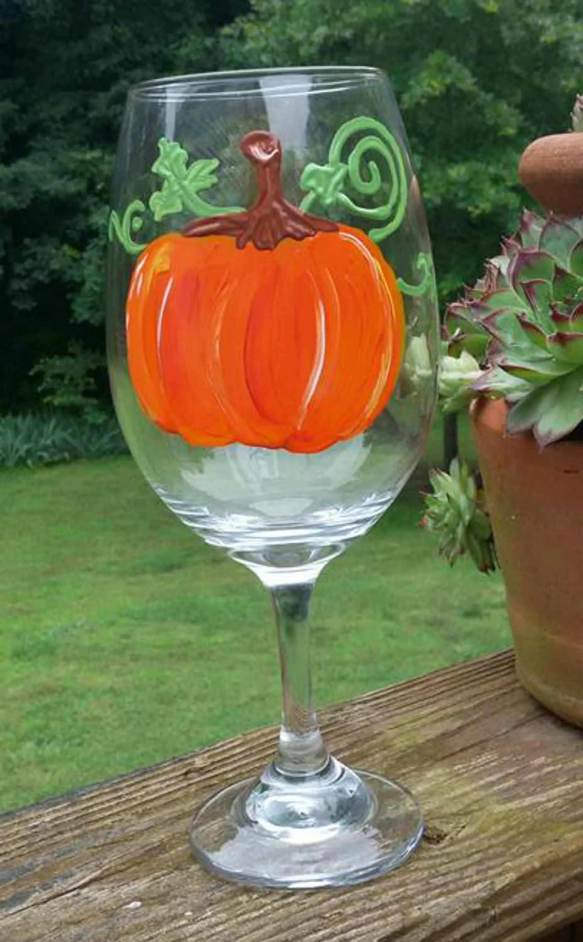 2 Pumpkin Stemmed Hand Painted Wine Glasses Set