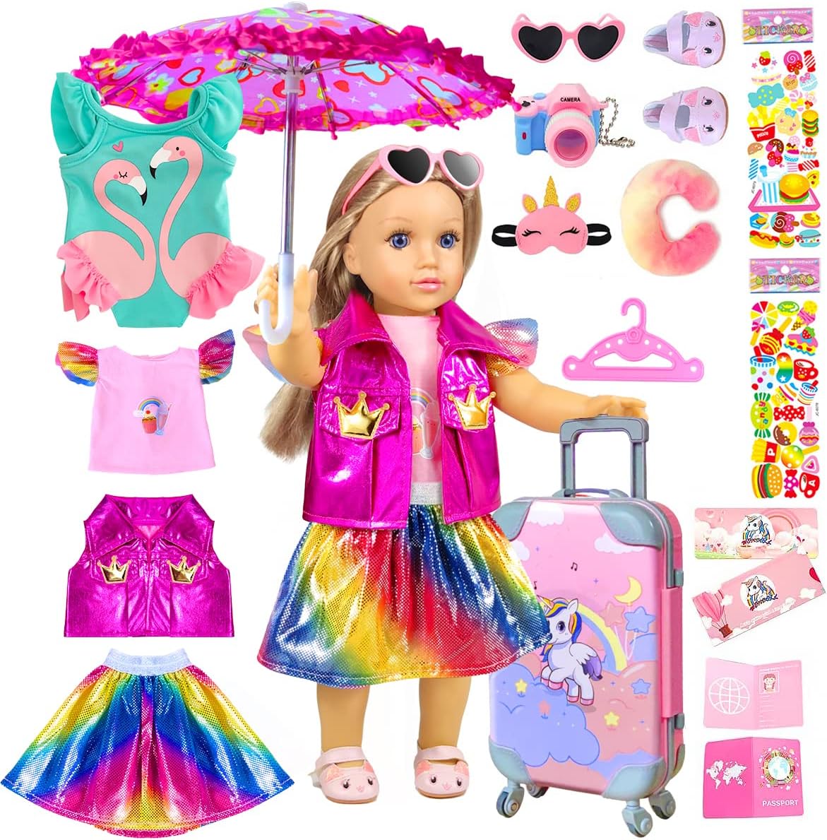 18-inch-Doll-Clothes and Accessories - Doll-Travel-Suitcase Play Set Including Luggage, 2 Sets of Doll-Clothes and Shoes, Umbrella Sunglasses Camera Travel Pillow Blindfold Passport Tickets