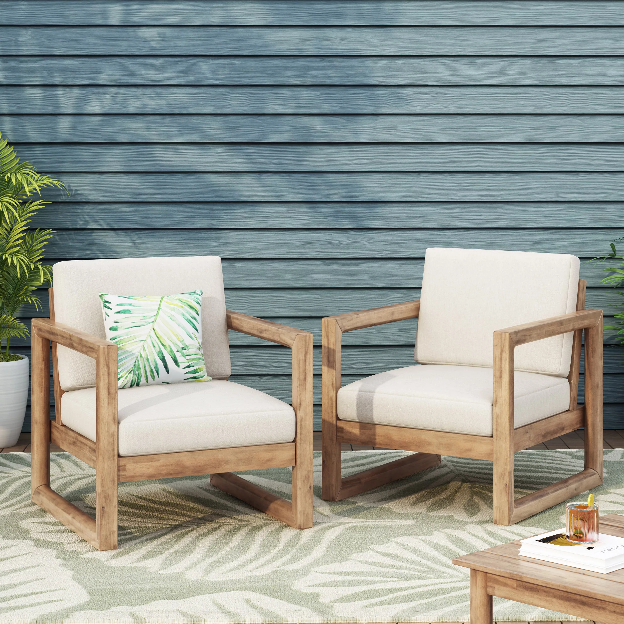 GDF Studio Petteti Outdoor Acacia Wood Club Chairs with Cushions, Set of 2, Brown and Beige