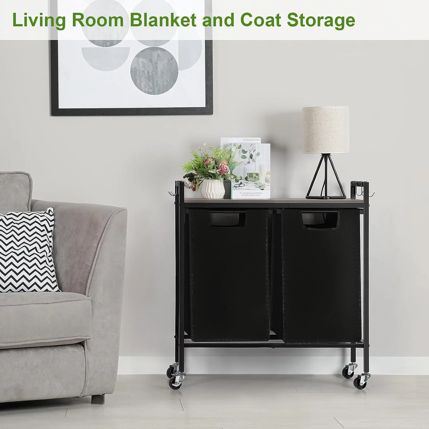 Rolling Black Double Laundry Hamper Basket with Removable Bag and Gray Wood Shelf