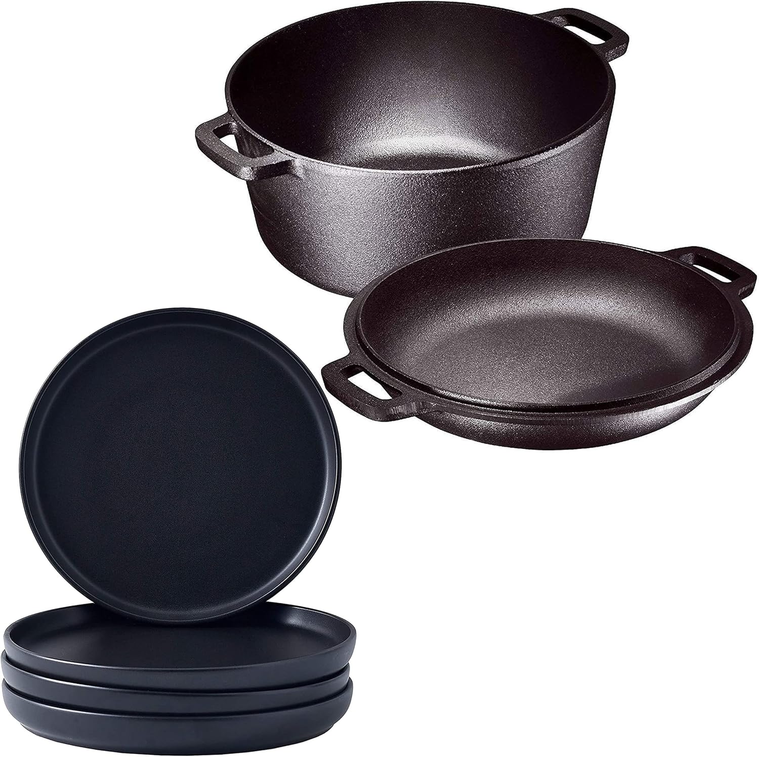 Bruntmor Elegant Matte 11-inch Ceramic Restaurant Large Round Serving Plates for Brunch and Pre-Seasoned 2 In 1 Cast Iron Pan 5 Quart Double Dutch Oven Set and Domed 10 inch 1.6 Quart Skillet Lid