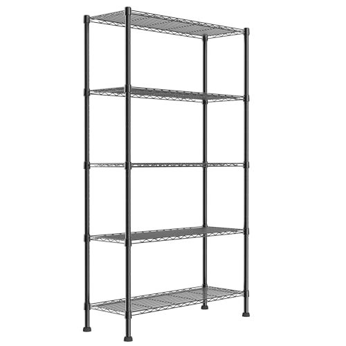 REGILLER 5-Wire Shelving Metal Storage Rack Adjustable Shelves,Standing Storage Shelf Units for Laundry Bathroom Kitchen Pantry Closet(Black,11.8