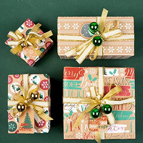 RUSPEPA Christmas Kraft Wrapping Paper - Owl, Reindeer, Christmas Ball and Text Design - 4 Rolls - 30 inches x 10 feet per Roll