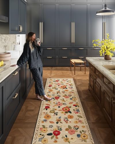 Machine Washable Area Rugs for Bedroom: 5'x7' Living Room Rug Floral Vintage Large Rug Stain Resistant Non Slip Low Pile Faux Wool Soft Rugs for Dining Room Bedside Kitchen Entryway Nursery Office