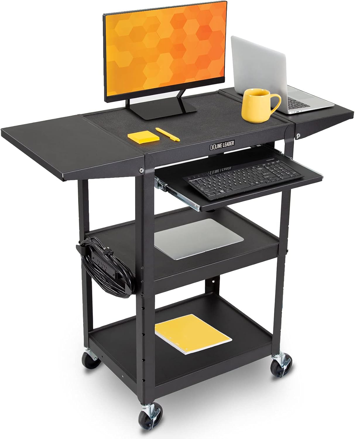 Line Leader AV Cart with Drop Leaf Shelves and Pullout Laptop Tray | Height Adjustable Utility Cart | Includes Power Strip and Cord Management | Great for Presentations (Black / 46 x 18)