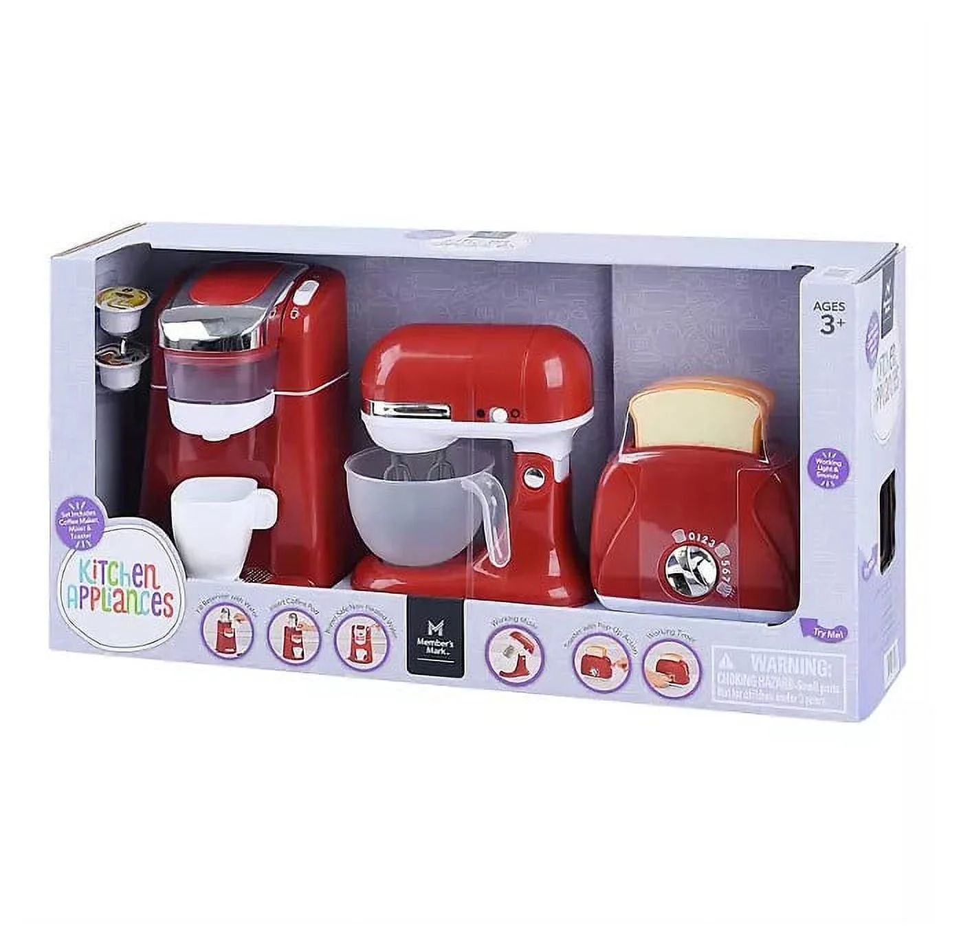 M.M 3-Pc. Gourmet Kitchen Appliance Set (Red) Realistic Sounds and Lights, Includes Coffee Maker, Mixer and Toaster