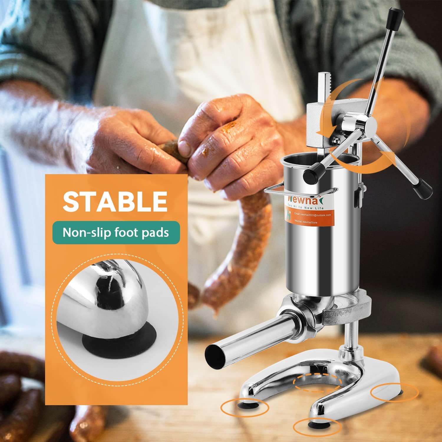 Newhai Manual Sausage Stuffer Stainless Steel Vertical Sausage Maker with 4 Sausage Tubes Meat Filler Home and Commercial Use (2L)