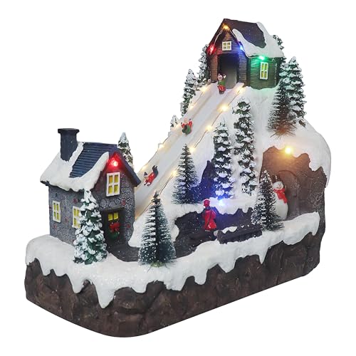 Christmas Village Sledding Down Hill - Lighted Musical Snow Village with 8 Animated Kids Going Down The Mountain