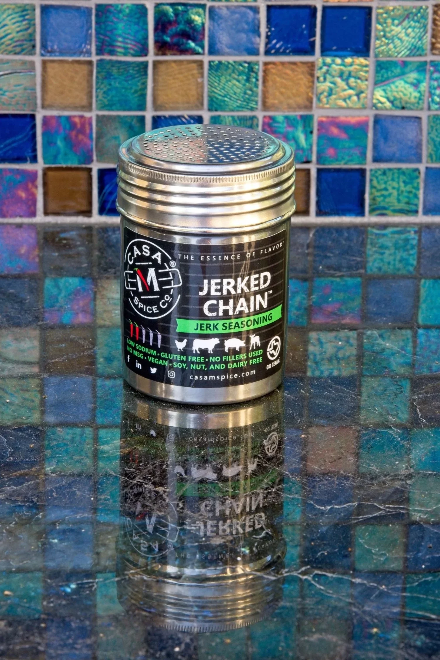 Casa M Spice Co® Uncontrolled Jerked Chain® Jerk Seasoning — Jamaican Dry Rub Gourmet Caribbean Jerk Seasoning • Very Low Sodium • Low Salt • No MSG • Gluten Free • Jamaican Jerk Spices and Seasonings