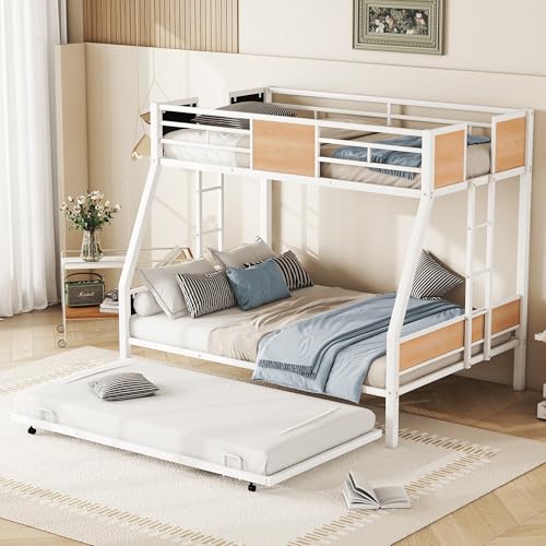 Bellemave Twin Over Full Metal Bunk Beds with Trundle and Storage Staircase,Heavy-Duty Metal Bunk Bed Frame for Kids,Teens,Adults，Space-Saving,Silver