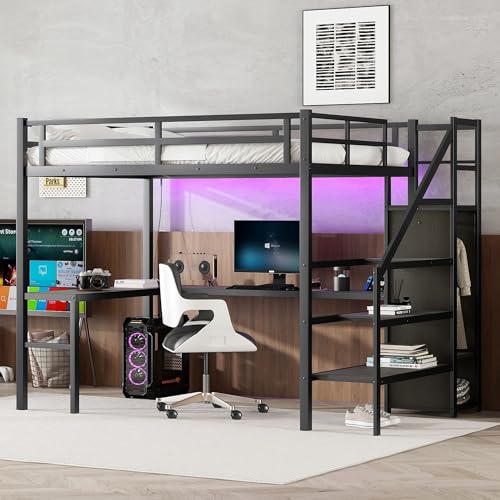 Full XL Size Loft Bed, Metal Bed Frame with L-Shaped Desk and Stairs, Space-Saving Frame with Adjustable Shelf and Wardrobe for Adults, 350 LBS Capacity, No Box Spring Needed, Black