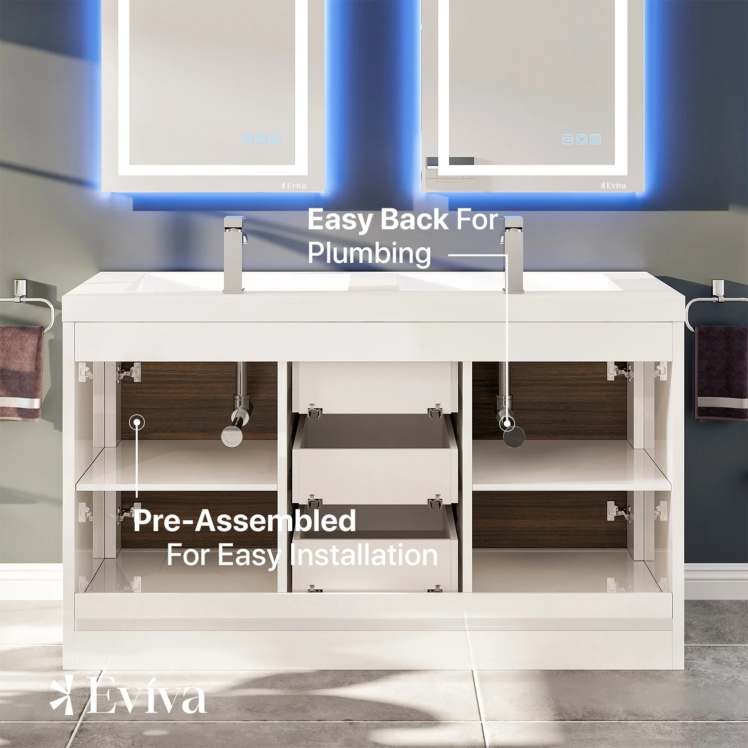 Eviva Grace 60 in. Gray Oak and White Bathroom Vanity with Double White Integrated Acrylic Countertop