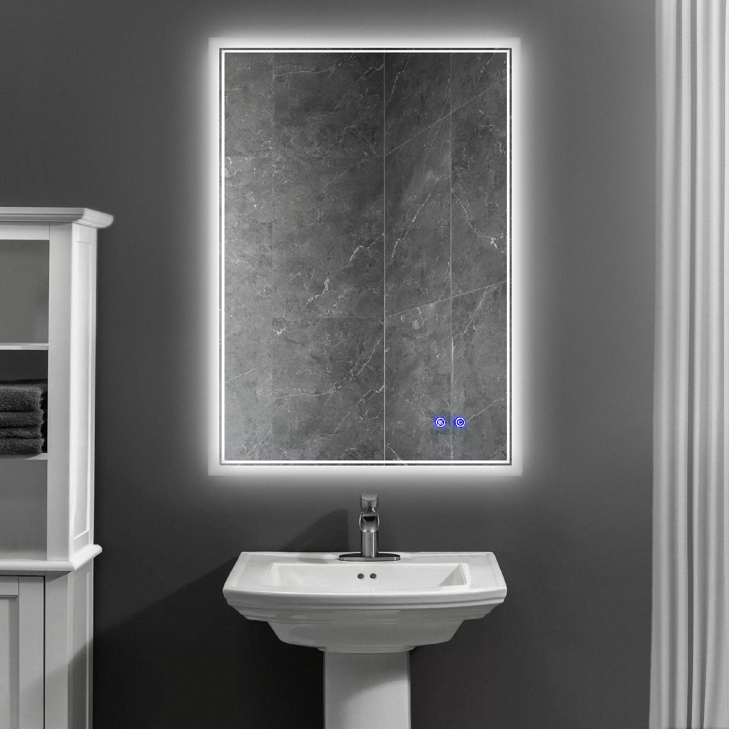 24 x 36 Inch Frameless LED Illuminated Bathroom Wall Mirror, Touch Button Defogger, Metal, Silver