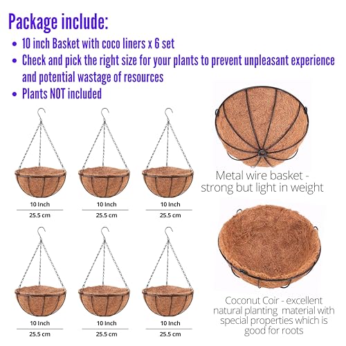 LaLaGreen Hanging Baskets for Plants - (3 Pack, 10 Inch) Hanging Planter Outdoor with Coco Liner, Metal Wire Flower Basket Pots Holder Hanger Hook Deck Patio Porch Garden Balcony Outside Decoration