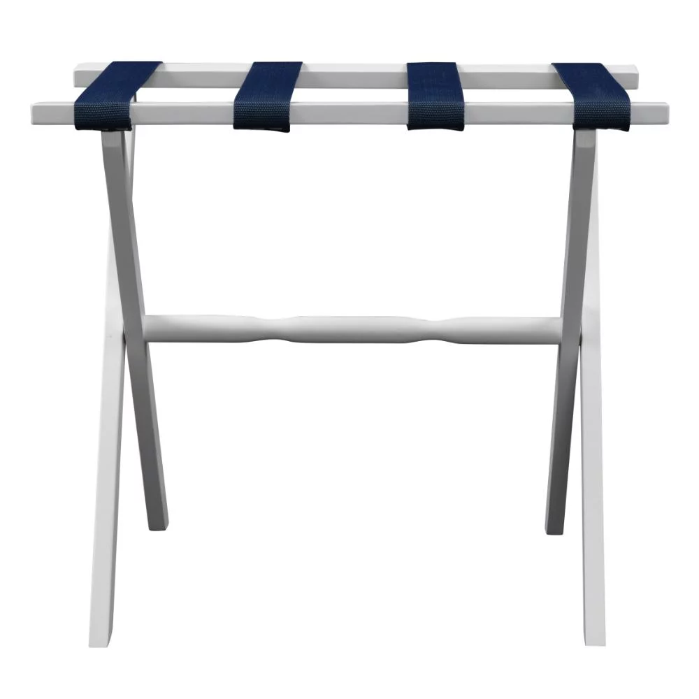 Gate House Furniture White Wood Straight Leg Luggage Rack with 4 Navy Nylon Straps