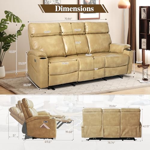 Power Reclining Sofa, Electric 3-Seat Dual Recliner Sofa with USB Ports, Cup Holders, Wall Hugger Sofa & Couch for Living Room Home Theater Apartment RV (Brown)