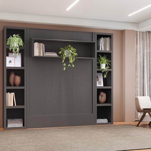 Oakland Living Easy-Lift Queen Murphy Wall Bed in Brown Wood Grain with Two Bookshelves
