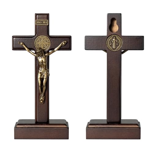 KUXBET Wooden Crucifix Cross with Detachable Stand 10 Inch Standing Catholic Wooden Jesus Christ Wall Hanging Cross for Home Decor