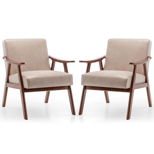 Rovibek Upholstered Accent Chair with Arms - Mid Century Modern Accent Chairs with Wood Frame, Upholstered Arm Chairs with 5.9in Thick Foam, Beige Occasional Chair, Set of 2