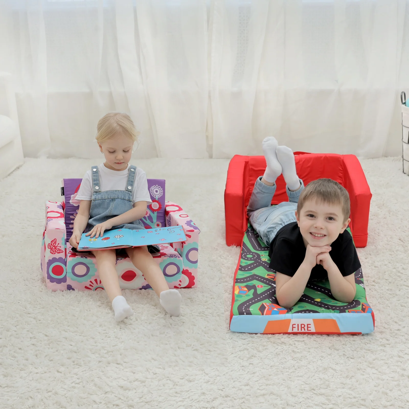 Kids Sofas Children's Sofa Bed Baby's Upholstered Couch Sleepover Chair Flipout Open Recliner(Red/Fire Truck)