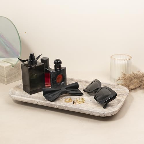 Travertine Marble Footed Tray in White Marble or Silver Travertine – Available in Two Sizes. (White, Large)