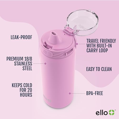 Ello Cooper 32oz Stainless Steel Water Bottle with Straw and Carry Handle, Double Walled and Vacuum Insulated Metal, Leak Proof Locking Lid with Soft Silicone Spout, Reusable, BPA Free, Yucca